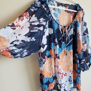 ♕2/$15 A.N.A Floral Quarter Sleeve Blue Orange Top